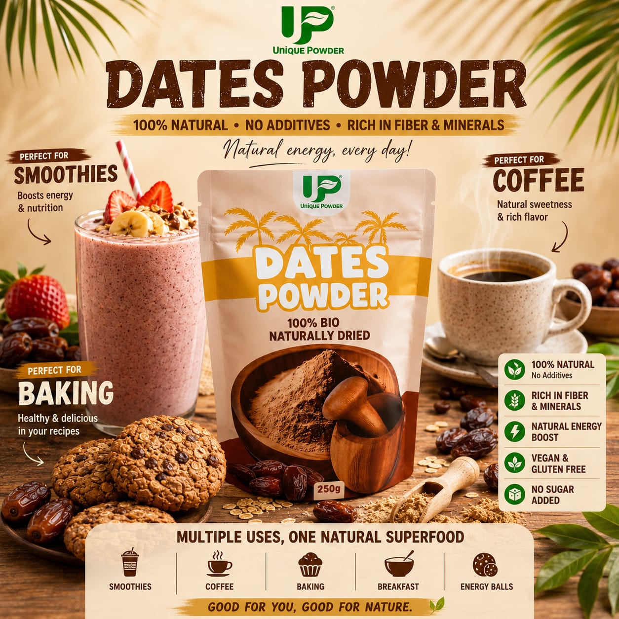 Unique Powder 100% Natural Date Powder, Naturally Dried, Sugar Substitute, Rich in Antioxidants